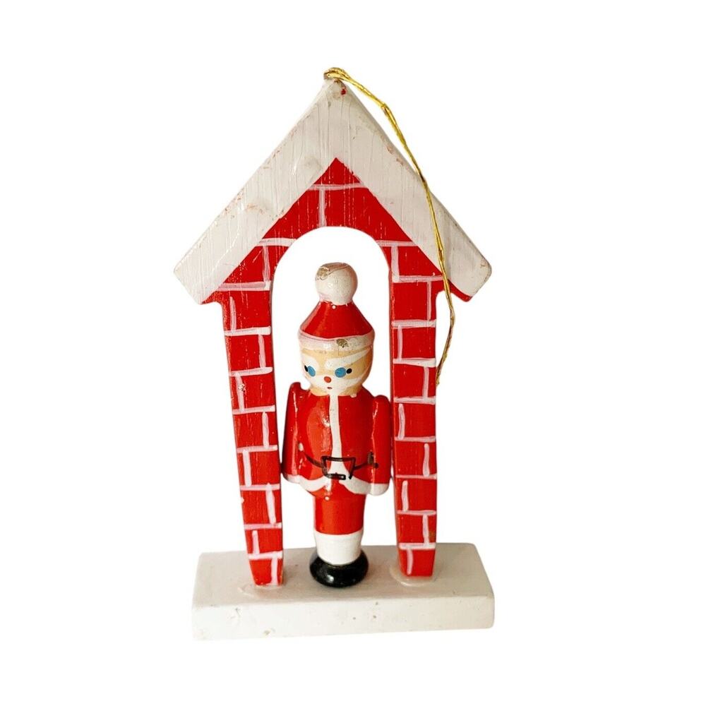 Vintage Wood Christmas Ornament Santa In Red Brick House Wooden